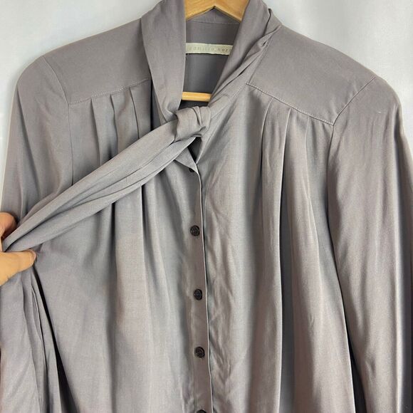 Camilla Norrback Tie Neck Blouse Size S Gray Tencel Button Up Top Long Sleeve - Picture 4 of 11